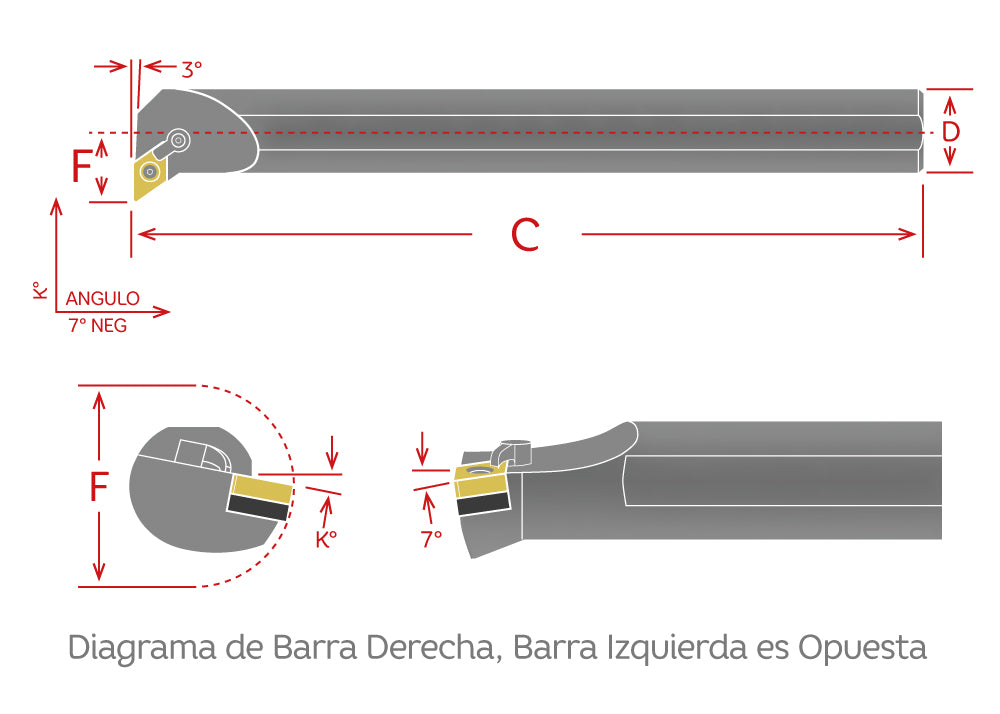 Dorian Tool Barra para Desbaste Derecha S16T-MDUNR-3, Negativa 3° / 1"